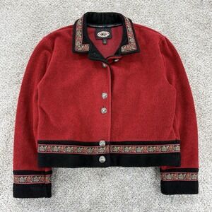 Vintage Country Clothing Fleece Coat Womens L Red Floral Canada Made Cottagecore